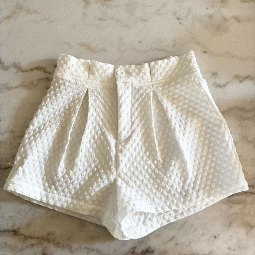 White Textured High Waisted Shorts